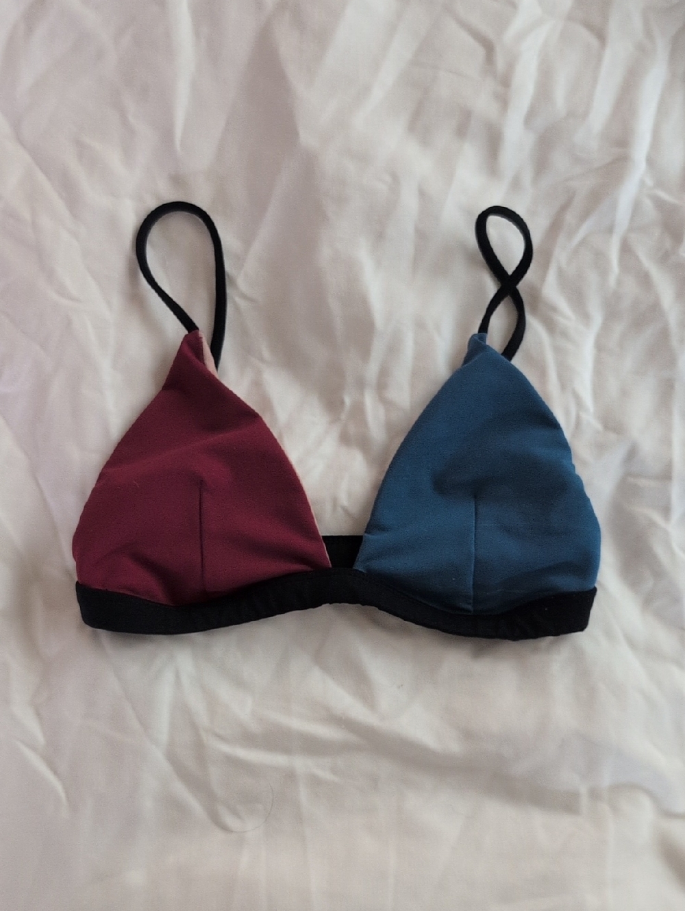 Olympia Two-Tone Triangle Bikini in Burgundy and Teal with Black Trim